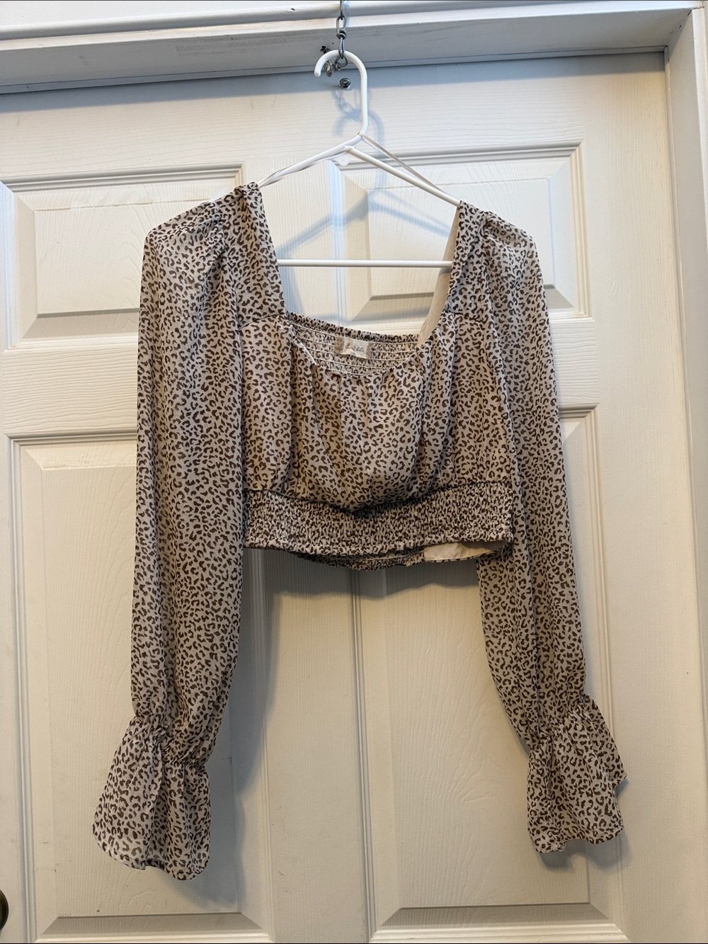 Altar'd State Beige Leopard-Print Cropped Blouse